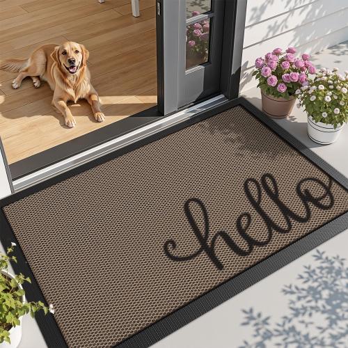 LUMI Outside Welcome Door Mat 32x47, Non-Slip Durable Rubber Easy Clean | Hello Print, Stain Resistant, Low-Profile Dirt Trapper Entrance Doormats, For Back Door Entryway Porch Garage