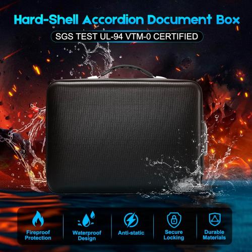 SEEKIND Fireproof Document Box with Lock, Hard-Shell Case File Organizer with Accordion File Folder, Multi-Layer Portable Home Office Travel Safe Box for Important Documents& Valuables (Black)