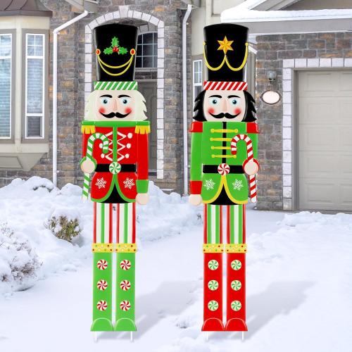 Gisafai 2 Pcs 6ft Large Metal Christmas Nutcracker Outdoor Decoration, Giant Nutcracker Yard Sign with Stakes, Christmas Yard Decor for Pathway Lawn Walkway Holiday Party