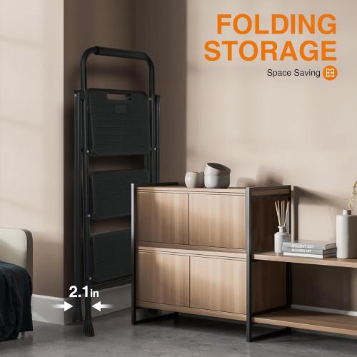 Black 3 Step Ladder, Protable Steel Folding Stool with Wide Anti-Slip Pedal, 500lbs Sturdy Steel Ladder