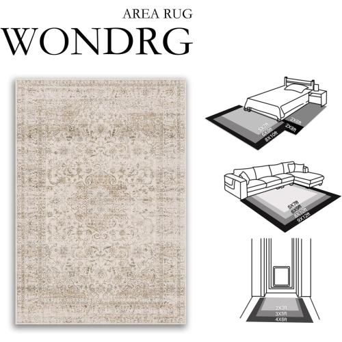 9x12 Beige Area Rug Vintage Living Room Bedroom Washable Carpet Non-Slip Soft Low Pile Distressed Indoor Large Throw Rug for Dining Room Office