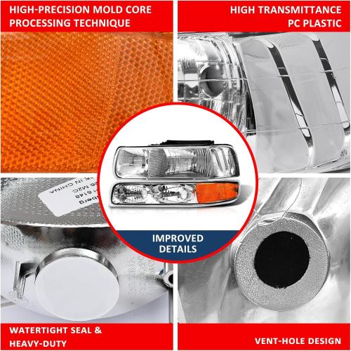 ADCARLIGHTS Headlight Assembly for 1999 2000 2001 2002 Chevy Silverado 1500 2500/1500HD 2500HD 3500/2000-2006 Tahoe/Suburban Chrome Housing Amber Reflector Pair