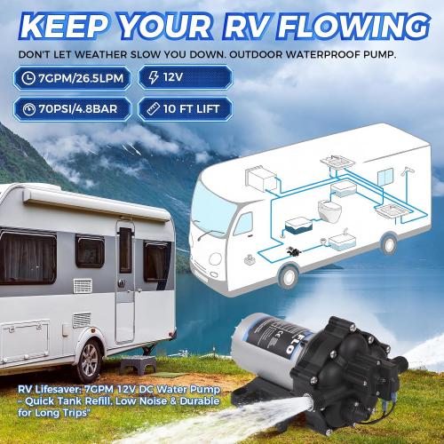 [Upgraded Version] 12V DC RV Fresh Water Pump, 7GPM 70PSI, Five Chamber Self-Priming Diaphragm Pump with Heavy Duty Pressure Switch & Strainer (12V-7GPM-70PSI)