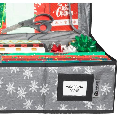 HOLDN’ STORAGE Premium Wrapping Paper Storage Container - Durable 600D Tear-Proof, Fits 27 Rolls Gift Wrap, Extra Pockets for Ribbons & Bows, Underbed Storage - Ideal for Holiday Christmas, Grey/White Snowflakes