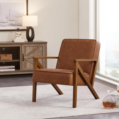 Yaheetech Accent Chair Faux Leather Armchair Lounge Chair with Wood Frame, Modern Retro Lounge Chair for Living Room/Office/Reception Area, Light Brown