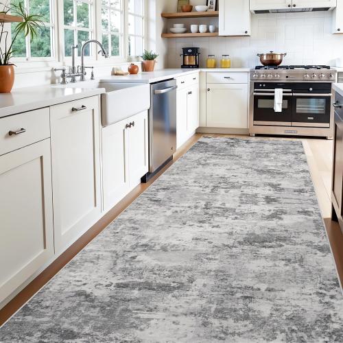Washable Abstract Runner Rug 4x12: Non Slip Hallway Wide Carpet Black Grey | Low Pile Moderm Decor Runners for Kitchen Bedroom - Soft Easy Clean Thin Indoor Floor Rugs for Seniors Dog Cat Family
