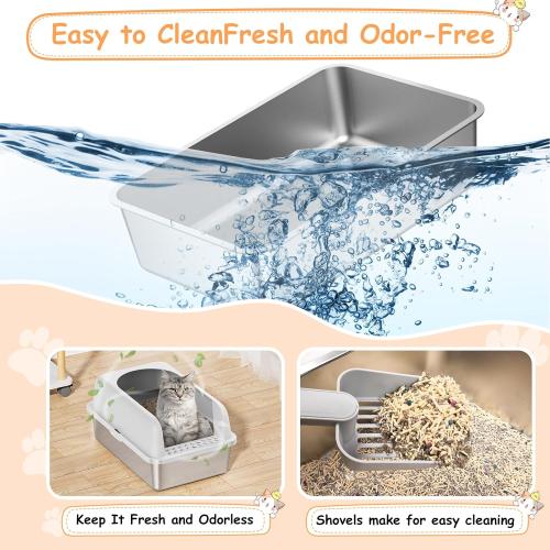 Suzzipaws Stainless Steel Litter Box with Lid, Metal Litter Box with Cat Litter Mat,Extra Large Enclosed Cat Litter Boxes for Multiple Cats, Anti-Leakage,Non-Stick, Easy to Clean, Included Mat, Scoop