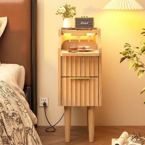 Fluted Narrow Nightstand with Charging Station, Solid Wood Night Stand with 2 Drawers, Natural Mid Century Modern Led Nightstand, Small Beside Table with Open Storage Shelf for Bedroom （10 inch）