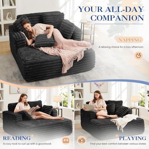 Oversized Chaise Lounge Indoor, Modern Plush Corduroy Fabric Deep Seat Boneless Memory Foam Sleeper Chaise Lounge Sofa Chair with Pillows for Living Room Bedroom Studio, No Assembly Couch, Black