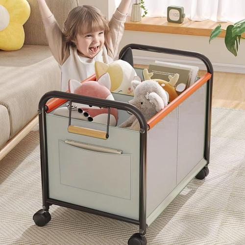 Beige & Orange Size Medium Children's toy Organizer With Wheels for Bedrooms, toy Rooms, Playrooms can hold toys, Books, Clothes, Snacks with 360° Steering Wheels Metal and Oxford Cloth toy Boxes