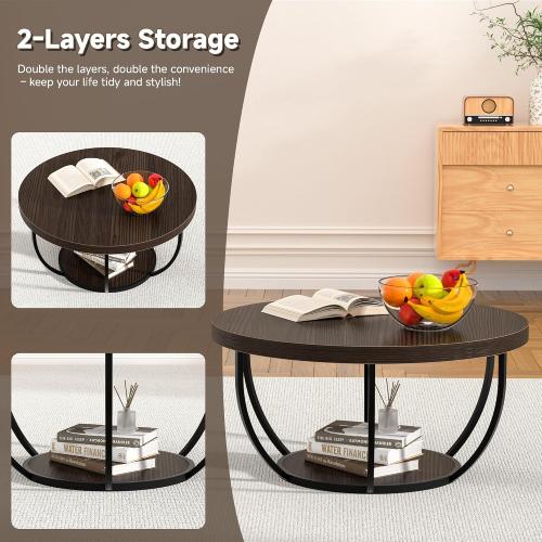 Round Coffee Table, 31 Coffee Table for Living Room Decor, 2-Tier Storage with Steel Frame, Space-Saving Wood Center Table, Modern Style Easy Assembly (Dark Coffee)