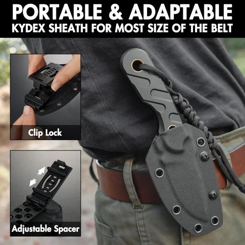 Black 7 FLISSA Fixed Blade Knife, 7 Inch Full Tang Hunting Knife with Kydex Sheath and Emergency Rope, Tactical Knife for Survival, Camping, Hiking(Black)