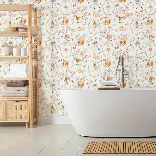 French Vintage Watercolor Peel and Stick Wallpaper, Whimsical Floral Self Adhesive Contact Paper with Ballet Bunny Squirrel Butterfly Strawberry 17.3in x 118in, Removable for Girls Nursery, Renter