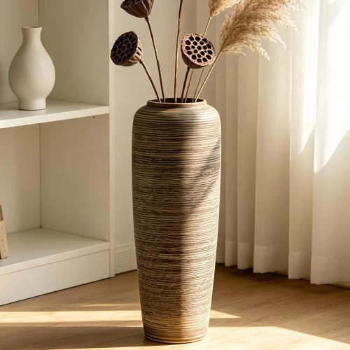 19.7 Inch Rustic Ceramic Large Floor Vase, Ribbed Textured Rustic Farmhouse Vase for Pampas Grass, Living Room & Entryway Décor, Handmade Ceramic Accent