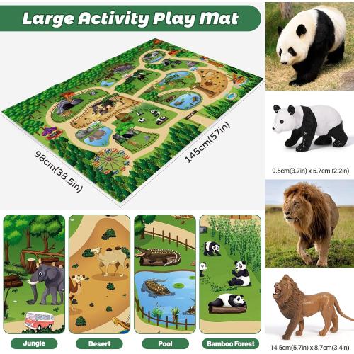 FRUSE Safari Animals Figures Toys w/ 57”x38.5”Jumbo Play Mat,12PCS Realistic Jungle Wild Zoo Animals Figurines Playset with Panda,Lion,Elephant,Educational Learning Toys for Toddlers Kids