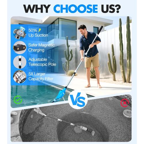 KlrSwp Cordless Pool Vacuum for Above Ground Pool, Magnetic Charging Handheld Pool Vacuum Cleaner, Anti-backflow Design Spa Vacuum for Hot Tub with Telescopic Pole | 18.5GPM Suction, 80-Min Runtime