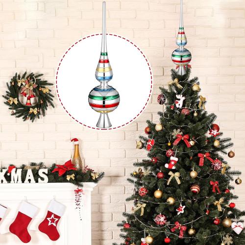 Gejoy Mercury Glass Christmas Finials Tree Topper Vintage Mid Century Colorful Ornaments Retro Spherical Blown Glass Xmas Tree Topper Finials Holiday Indoor Suitable for Party Decoration, 9.8inches