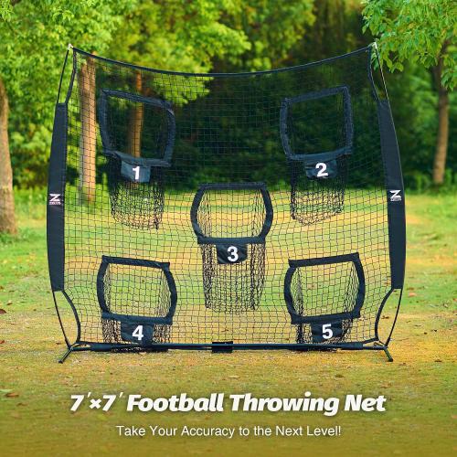 Color Black ZELUS 7 x 7ft Football Trainer Throwing Net | Training Target Practice with 5 Targets | Great for Quarterback | Includes Carry Bag