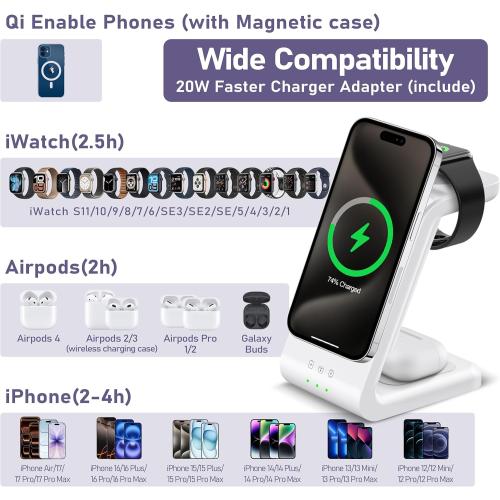 3 in 1 Wireless Charging Station: 5000mAh Removable Power Bank Charger Stand for Phone/Watch/Air Pods - Portable Magnetic Battery Pack for Air 17 16 15 14 13 12 Series White