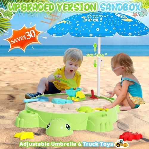 Upgraded Kids Turtle Sandbox with Lid & Adjustable Umbrella, Truck Toy & 8pcs Sand Shovels, Sand Box with Cover, Beach Toys for Toddlers 3-5, Plastic Indoor Outdoor Play Toys Gift for Girls Boys