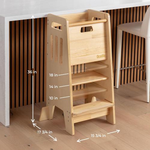 WOODENN Ocodile Stepping-Up Set - Standing Tower and Step Stool for Kids (Varnished)