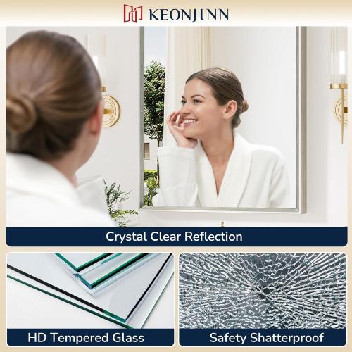 Keonjinn 24 x 30 Inch Brushed Nickel Bathroom Mirrors for Over Sink, Beveled Rectangle Framed Mirrors for Wall, Farmhouse Bathroom Vanity Mirror, Tempered Glass, Square Corner