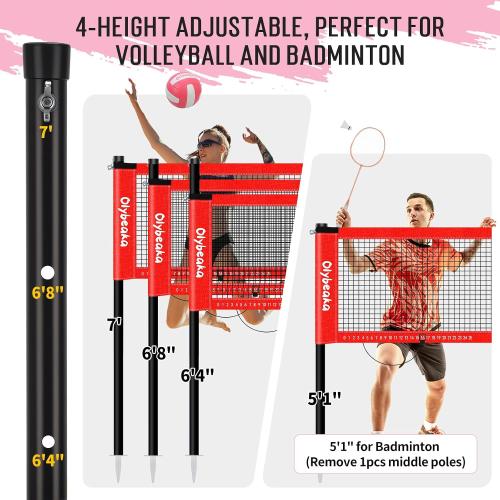 RED AND BLACK 20ft Outdoor Volleyball & Badminton Combo Net Set for Backyard Beach with Adjustable Poles, Durable Anti-Sag Net, PU Volleyball, 2 Aluminum Rackets