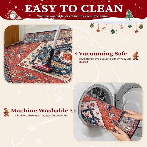 SERISSA Washable Rugs 9x12 Area Rugs, Large Non-Slip Boho Living Room Rust Rug, Ultra Soft Vintage Print Distressed Oriental Tribal Farmhouse Carpet for Dining Room Bedroom Dorm Office Home Decor