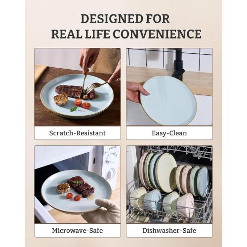 Famiware Saturn Plates and Bowls Dish Set Stoneware Dinnerware Set with Hand-Painted Trim - Chip & Scratch Resistant, Microwave & Dishwasher Safe Ceramic Dishes, Light Blue