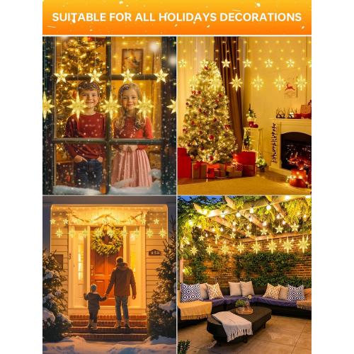 9 LED Star Icicle Lights,t Connectable Window Curtain Lights Plug  Modes Timer Bethlehem Star Christmas Light for Indoor Outdoor,Bedroom,Wedding,Ramadan Decor,Warm White