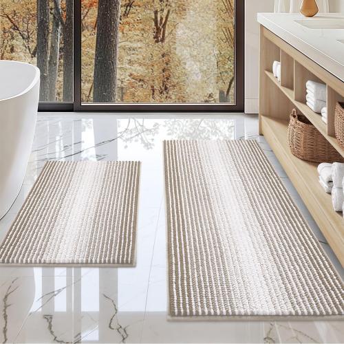 BSICPRO Bathroom Rugs and Mats Sets, 2 Piece Thick Absorbent Chenille Non Slip, Soft Shaggy Floor Mats, Machine Washable (Light Taupe)
