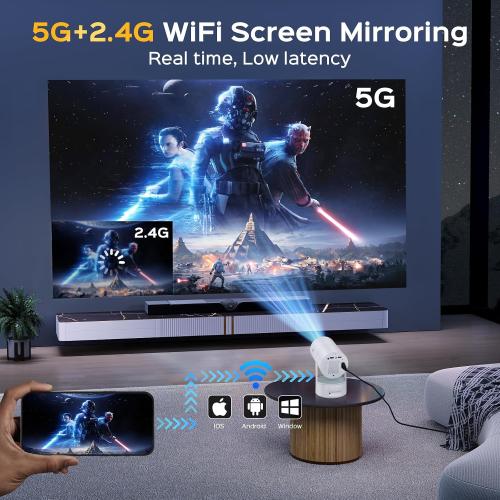 Color White [Built-in Battery] Mini Projector with Wifi and Bluetooth, Rechargeable Portable Outdoor Smart Projector with Support 4K Decoding, Electric Focus Home Theater for Phone, White