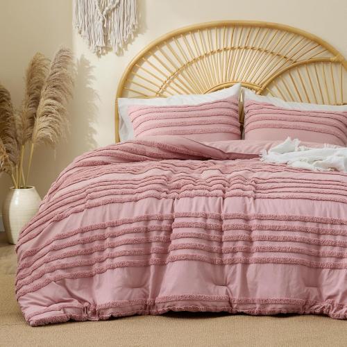 BEDELITE Boho Comforter Set Queen Size, Dusty Pink Tufted Striped Bed Set 3 Pieces, Soft Vintage Farmhouse Comforter for All Seasons, Boho Home Decor,Fluffy Jacquard Bedding with 2 Pillow Shams