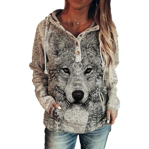 Wolf Hoodies for Women Aztec Animal Print Casual Button Drawstring Hooded Sweatshirt with Pockets Size Small