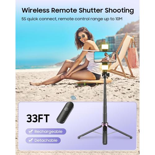 53'' Selfie Stick Tripod with Light, Enhanced 4-Leg Cell Phone Stand Camera Tripod with Rechargeable Wireless Remote & 2 Fill Light, Portable Selfie Stick Travel Essentials for iPhone Android