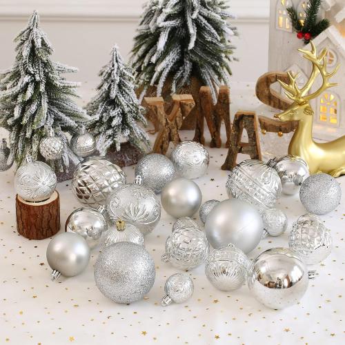 Christmas Ball Ornaments Silver Christmas Tree Decorations with Hang Rope-36pcs Shatterproof Christmas Ornaments Set with 6 Styles in 3 Sizes(Small Medium Large)