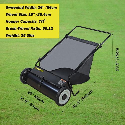 Push Lawn Sweeper, 26-Inch Width, 7 Cu. Ft. Hopper Capacity, 4 Spinning Brushes, Adjustable Height, Durable Steel Frame with Rubber Wheels, Ideal for Leaves and Grass