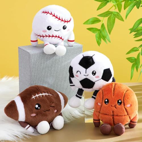4 Pcs Plush Sports Toy Set - 4in Pocket Sized Stuffed Basketball, Football, Soccer, Baseball, Mini Fluffy Sport Balls for Room Decor, Birthday Gift & Sports Party Favors