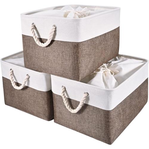 HOdo Home 15.8×11.8×9.5In/3PCS Fabric Storage Bin with Drawstring Closure and 2 Bold Handles, Collapsible Large Canvas Storage Baskets for Organizing Shelf Nursery Home Closet (Brown)