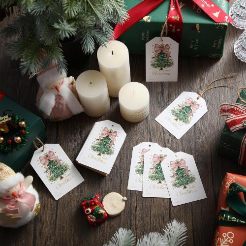 Teling 50 Pcs Christmas Gift Tags with String Pink Bow Merry Christmas Paper Gift Tags Xmas Hanging Label for Happy Holiday for Presents, Modern Paper Xmas Label(Pink Bow)