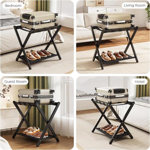 Fully Assembled Black Luggage Rack for Guest Room, Bamboo Folding Suitcase Stand with Fabric Storage Shelf, 5 Nylon Straps, Upgraded Luggage Rack Holder for Bedroom Hotel, Holds up to 165 Lbs, 1pcs