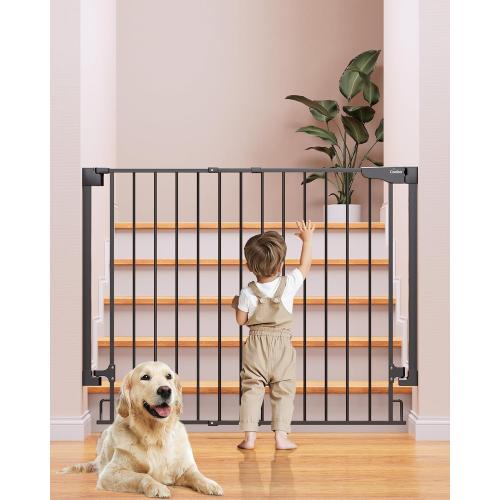 Cumbor 34 Extra Tall No Bottom Bar Baby Gate for Stairs, Wall Mounted Dog Gate Indoor for Larger Pets, Expandable 29.2-43 Safety Gate for Doorways, Wide Walk Thru Door for Easy Access (Black)