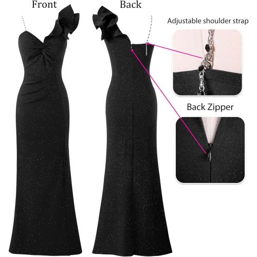 Size S..Women's Sexy Black Formal Gown - One - Shoulder Flounce, High - Cut Slit & Shimmer Fabric