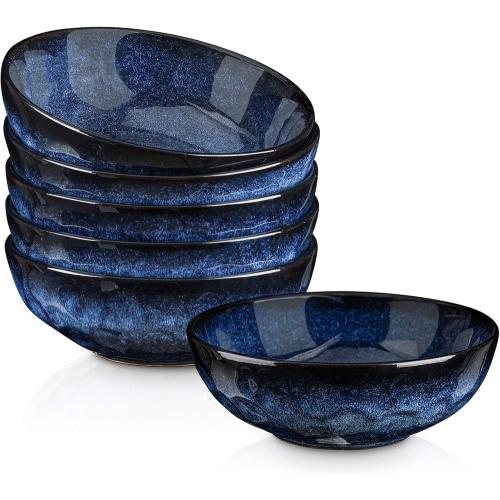 vicrays Ceramic Salad Bowls Set for Kitchen, Serving - 32 Ounce Soup Bowls, Pasta Bowls, Chip Resistant, Dishwasher Microwave Safe, Large, Fluted, stoneware, Set of 6 (Blue)