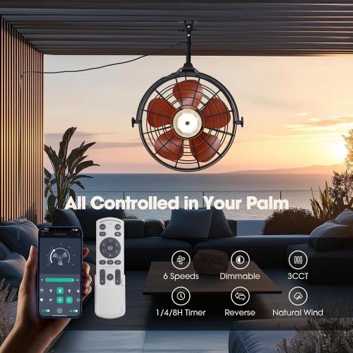 23 Waterproof Outdoor Ceiling Fan with Light, Outdoor Hanging Fan for Patio, 6-Speed & 3 CCT LED, Caged Ceiling Fan with Smart APP & Remote Control, Perfect for Gazebo, Pergola, Canopy