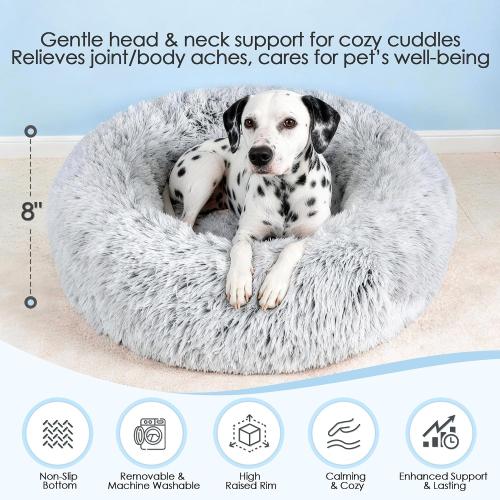 Calming Dog Bed for Medium Size Dogs, 31in Donut Washable Dog Bed with Removable Cover & Foam Filling, Anti-Slip Round Cat Bed Indoor Anti-Anxiety Fluffy Plush Fur Bed, Fits up to 60lbs Pets, Grey