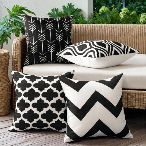 OTOSTAR Pack of 4 Outdoor Waterproof Throw Pillow Covers 18x18 Inch Decorative Outdoor Pillow Covers Garden Modern Black Geometric Cushion Cases for Patio Furniture Couch Ten Bench (Black)