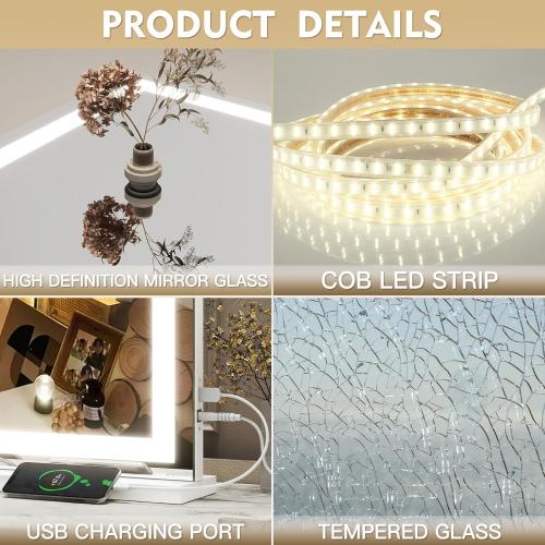 ROLOVE Vanity Mirror with Lights, 32 x 22 Large Lighted Vanity Mirror with Dimmable 3 Modes, LED Makeup Mirror, USB Charging Port, Tabletop or Wall-Mounted Square White