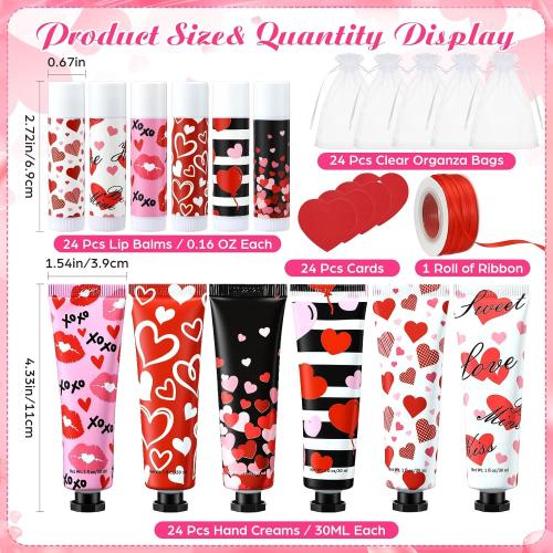 Loopeer 24 Sets Valentine Bulk Gifts Hand Cream and Lip Balm Bulk Set with Organza Bag Red Love Heart Card Galentine Gifts for Valentine Party Favors Stuffers Woman Men Teacher Staff Nurse Coworker