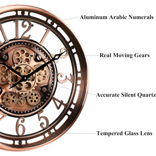 CLXEAST 21 Inch Moving Gear Wall Clock for Modern Farmhouse Living Room Decor,Large Industrial Steampunk Wall Clock for Home Office,Metal Copper Finished,House Warming Gifts New Home